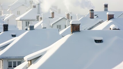 Winter Wonderland: Snow-Covered Rooftops of Charming Town with Rising Chimney Smoke