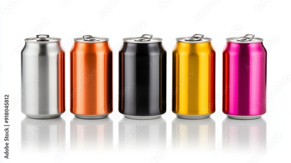 Poster a row of five cans of soda, each with a different color. the cans are lined up next to each other, c