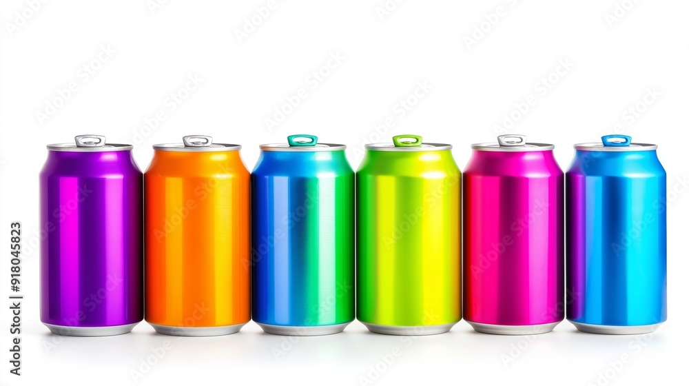 Poster a row of colorful cans of soda. the cans are arranged in a row, with the first can being orange and 