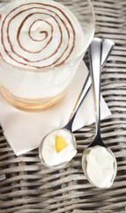 Elegant Layered Dessert with Yogurt, Chocolate Swirl, and Peach Garnish