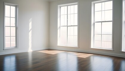 Empty room with large windows, hardwood floors, and teal curtains