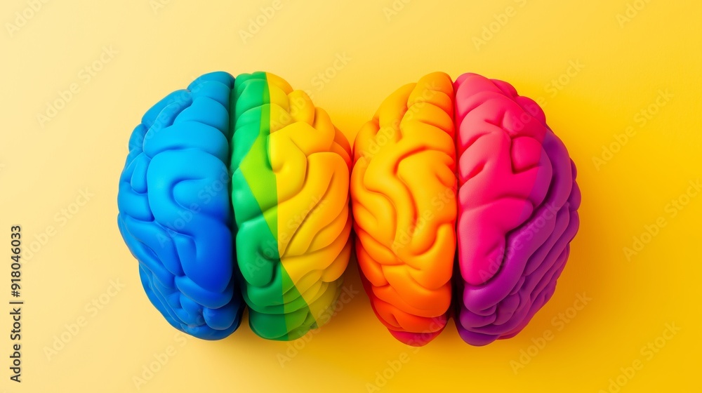Poster three colorful brains are shown on a yellow background. the colors of the brains are rainbow, and th