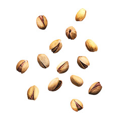 Falling pistachios in shell on a white and transparent background. PNG.