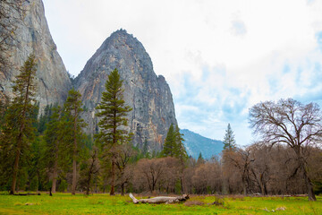 Cathedral Rocks at Yosemite Valley in Yosemite National Park during springtime in California. Valley View in Yosemite National Park.