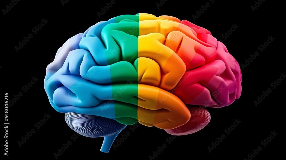 Poster a colorful brain with rainbow colored stripes. the brain is split into two halves, with each half ha