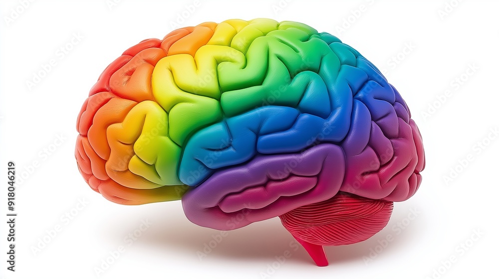 Poster a colorful brain with a rainbow of colors. the brain is the center of the image and is surrounded by