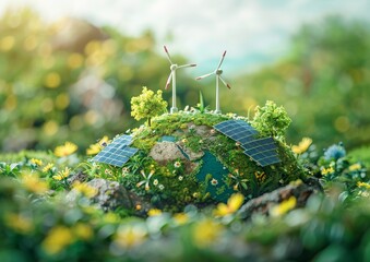 Earth adorned with solar panels and wind turbines, surrounded by lush greenery, symbolizing renewable energy and sustainable development against a softly blurred background.