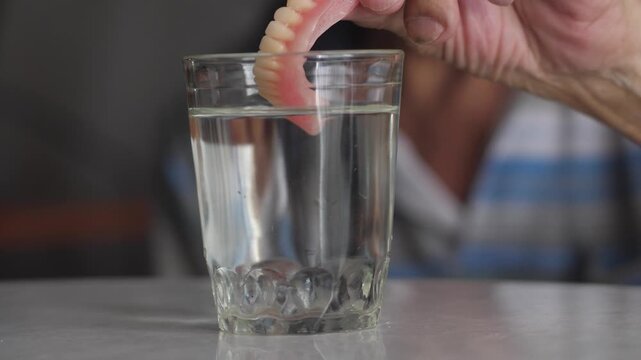 removable dentures in a glass with water, a pensioner removes dentures and puts them in a glass with water, the concept of tooth loss in old age