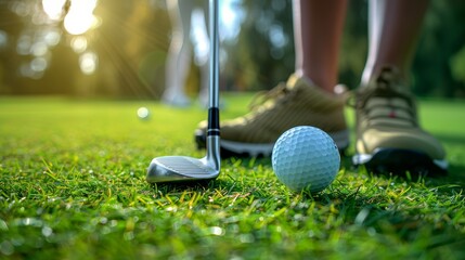 Fototapeta premium Golfer preparing to strike a ball on a sunny day at the golf course