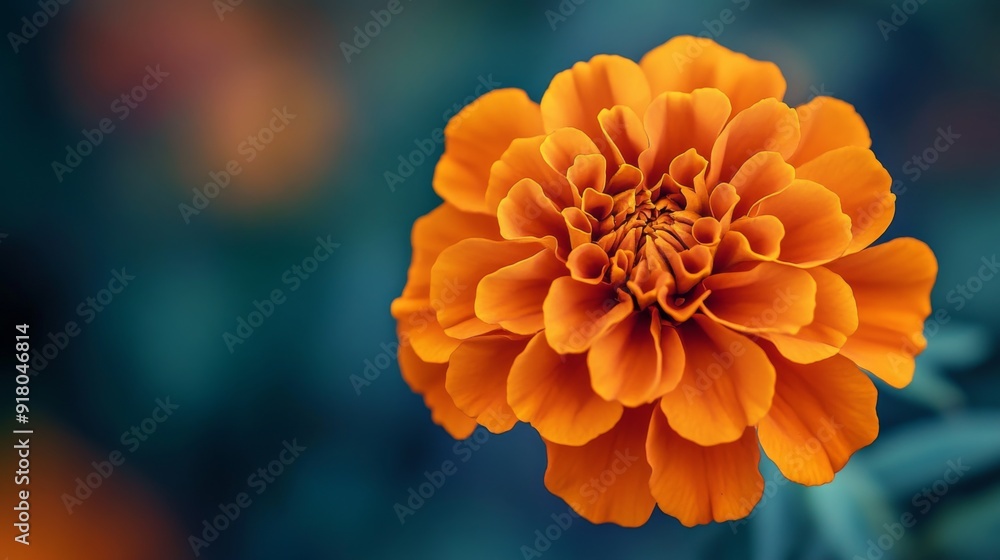 Poster a vivid orange marigold flower in sharp focus, showcasing the intricate layers of petals and rich co