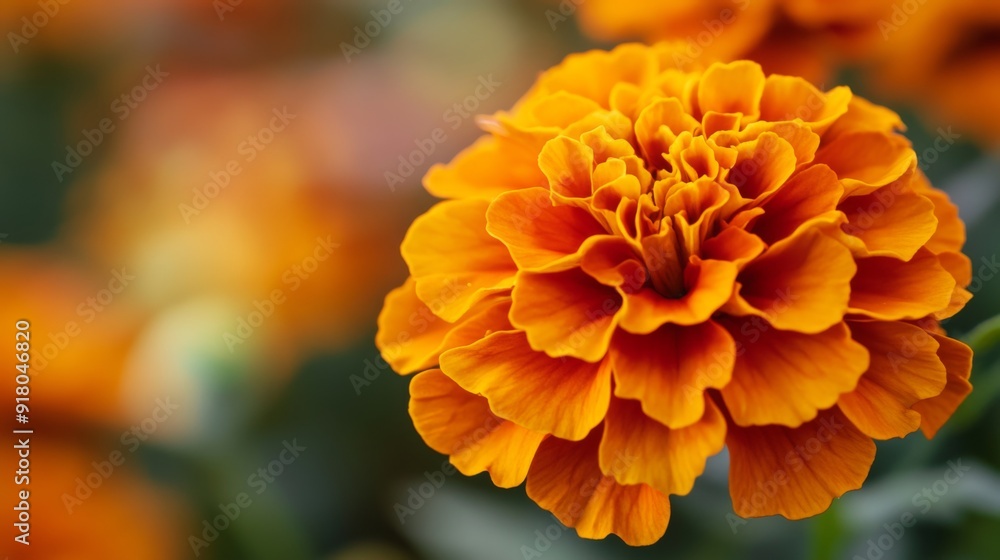 Poster a vivid orange marigold flower in sharp focus, showcasing the intricate layers of petals and rich co