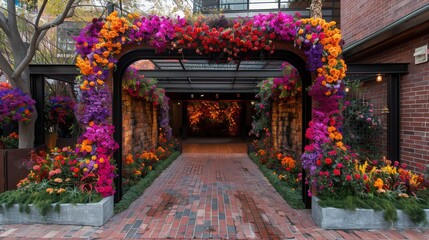 Flower arch with lush blooms creating a stunning and elegant wedding backdrop
