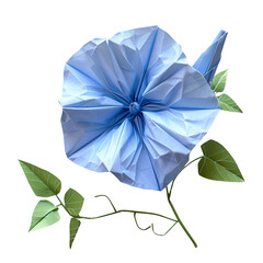 Angled view of a powder blue origami morning glory flower isolated on a white transparent background.