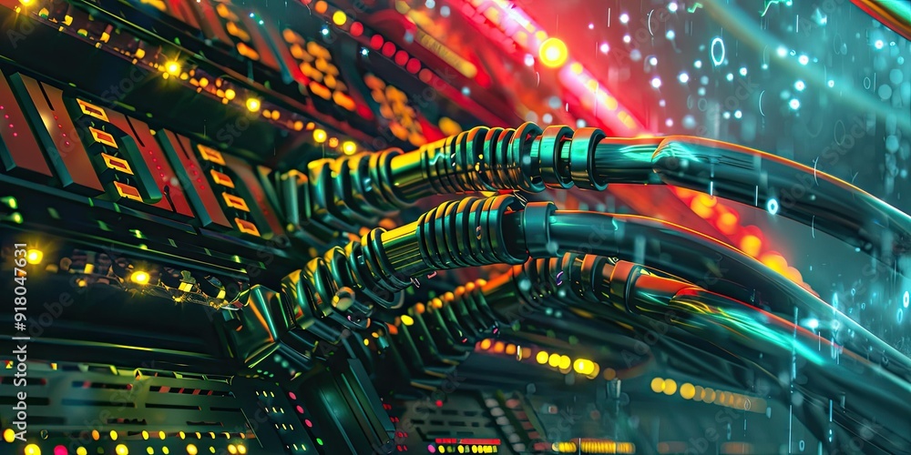 Poster futuristic tech with glowing cables and data streams.