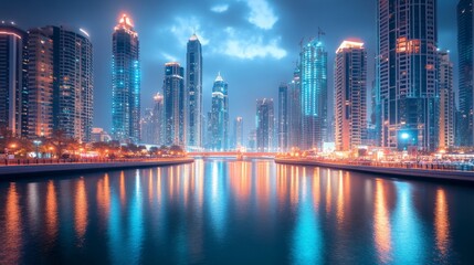 A wide shot of gleaming tall buildings next to a river, with vibrant city lights and a clear reflection in the calm water, capturing the beauty of urban architecture.