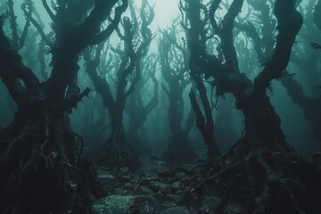 Underwater Forest of Swirling Roots in a Mystical Sea at Dusk