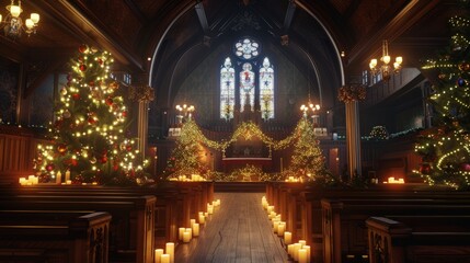 Decorated Christmas church with a Christmas tree. Sacred Christmas Eve service with candlelight and hymns.