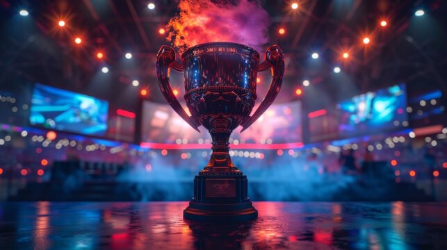 Giant trophy on an esports stage with large screens, neon lights, and smoke, symbolizing victory in a video game competition or e-sport championship.