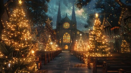 Decorated Christmas church with a Christmas tree. Sacred Christmas Eve service with candlelight and hymns.