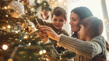 A cozy image of families decorating the Christmas tree with garlands and tinsel, getting into the festive spirit and traditions.