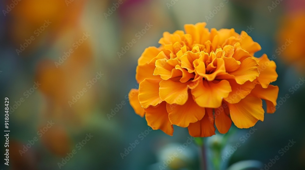 Poster a vivid orange marigold flower in sharp focus, showcasing the intricate layers of petals and rich co