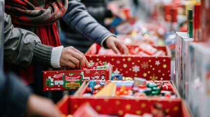 Festive photo of a joyful people preparing gifts for children as part of a Christmas charity event.