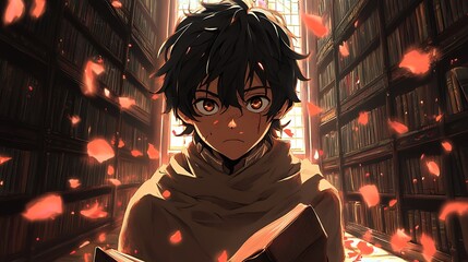 Obraz premium Anime Character Studying in a Library with Falling Petals.