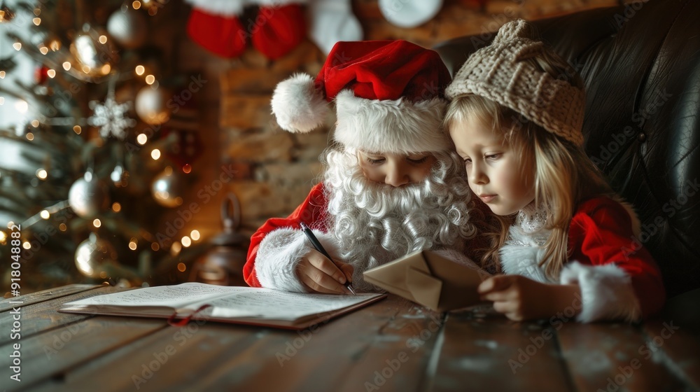 Wall mural Joyful photo of children writing letters to Santa Claus, capturing their excitement and festive anticipation for Christmas. Festive scene with children using pens and paper to send their holiday wishe