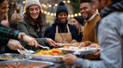 Obraz premium Festive Christmas photo of a joyful mixed race woman volunteering at a charity spreading holiday cheer and helping those in need at a soup kitchen.
