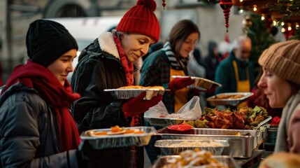 Festive Christmas photo of a joyful mixed race woman volunteering at a charity spreading holiday cheer and helping those in need at a soup kitchen.
