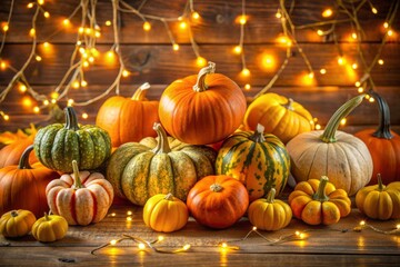 Vibrant orange and yellow pumpkin squash and gourds arranged artfully on a rustic wooden table amidst twinkling string lights, evoking a cozy autumn evening ambiance.