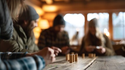 Cozy Family Time in a Rustic Cabin: Parents and Kids Enjoying Board Games Together in the Living Room