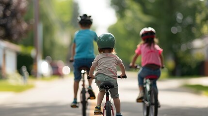 Family Fun Learning Adventure: Parents Guiding Kids Riding Bikes in Peaceful Suburban Neighborhood
