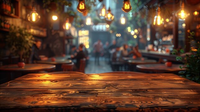 Rustic restaurant interior with warm lighting and wooden tables during evening hours