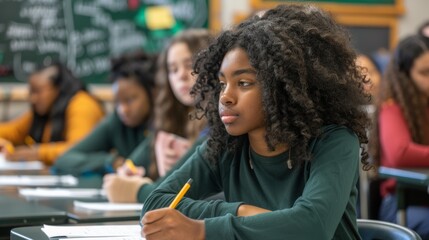 Obraz premium An African American female student sits at her desk, attentively listening to the teacher in the classroom.