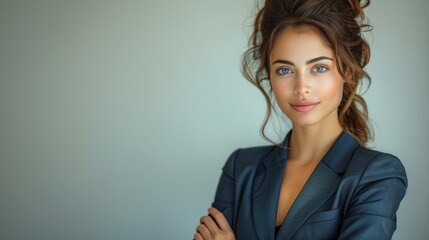 Obraz premium Young woman in a stylish business outfit poses confidently against a neutral background