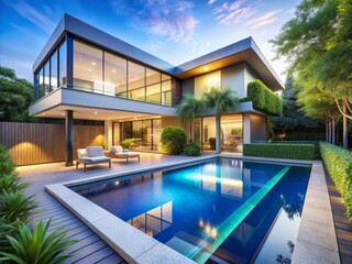 Fototapeta premium Vibrant sunlight illuminates a modern poolside house with sleek lines, lush greenery, and a sparkling blue pool, inviting relaxation and serenity.