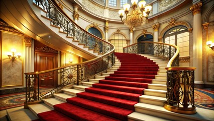 Obraz premium Vintage spotlight shines on a iconic curved staircase lined with glamorous red carpet, ornate golden railings, and lavish decorations in a nostalgic 1950s movie palace.