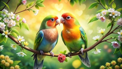 Obraz premium Whimsical illustration of two colorful lovebirds perched on a heart-shaped branch, surrounded by lush green leaves and delicate flowers, symbolizing romance and tender affection.