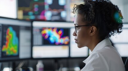 Environmental Research Team Analyzing Climate Data on Multiple Screens for Climate Change Study