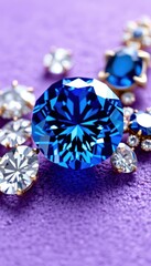 Exquisite blue gemstone surrounded by diamonds on a textured purple background, highlighting luxury and sophistication.