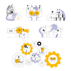 An HR manager uses binoculars to search for an employee, a woman looks through a resume, a man builds a team of professionals. A set of vector illustrations on the theme of HR department work.