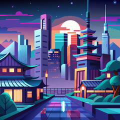 Cityscape at Night landscape anime style
