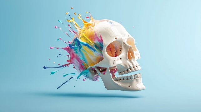 a skull with paint spering out of it