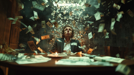 A shocked man sits at an office table, surrounded by falling dollars.