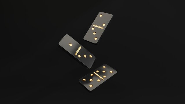 Domino game - 3d render. Tiles, blocks of dominoes with even dots on a black background. Domino effect business concept, logo for companies, trainings. Board game of dice with a winner and a loser.