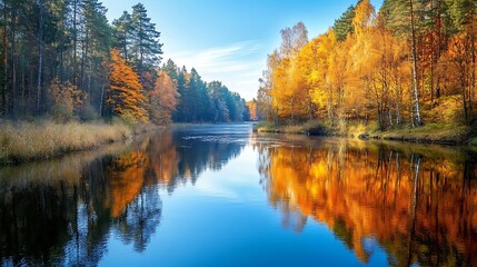 A calm river flowing through a forest in autumn, with colorful trees reflected in the water and space for text