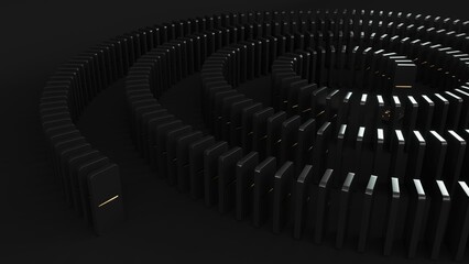 Domino game - 3d render. Tiles, blocks of dominoes with even dots on a black background. Domino effect business concept, logo for companies, trainings. Board game of dice with a winner and a loser.