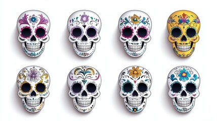 set of sugar skulls with floral ornameticl elements