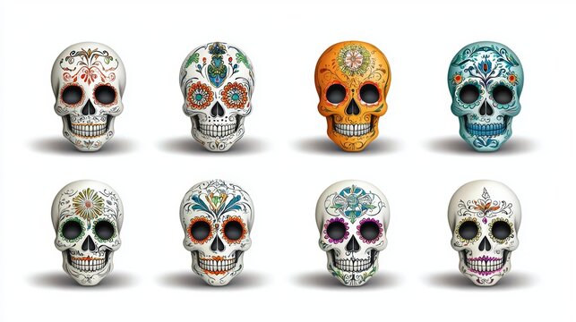 a set of six sugar skulls with different colors